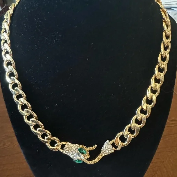 Simulated Diamond Inlaid Snake Head & Tail, Emerald Color eyes Goldtone Necklace - Picture 5 of 9